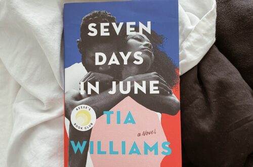 Seven Days in June by Tia Williams book on black and white bedding